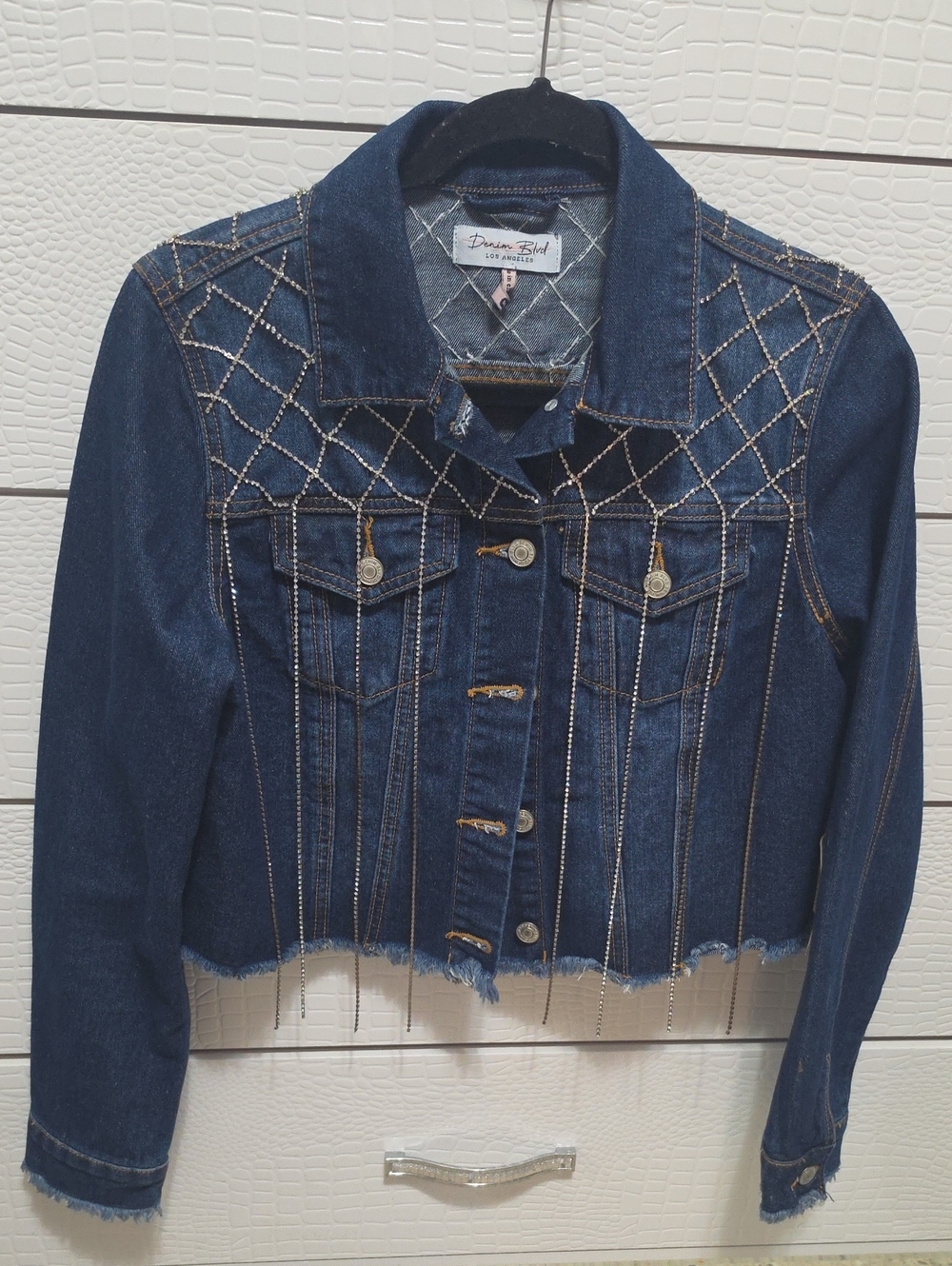 Denim Bling Cropped Jacket - Dark Blue